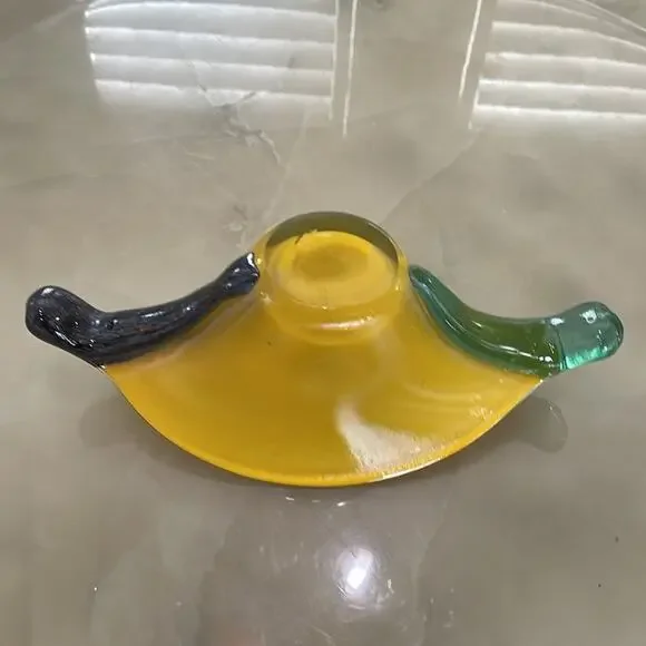 Handmade Blown Glass Vase Candy Bowl Yellow Iridescent